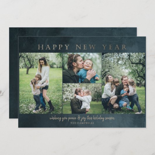 青い金ゴールド4枚の写真新年おめでとう シーズンカード (正面/裏面)