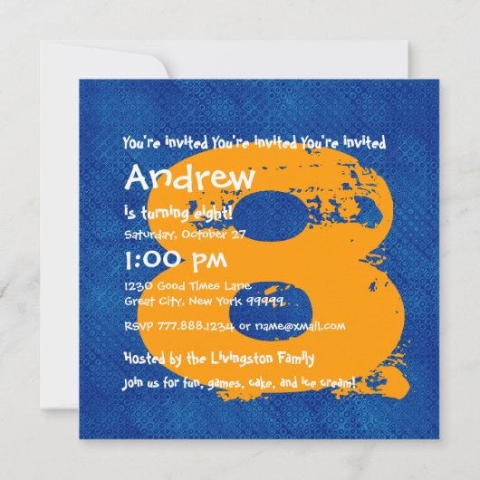 青い金ゴールド8歳の誕生パーティー8歳のV11C 招待状 (裏面)