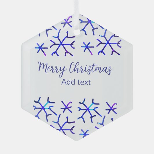 青い金属光沢の雪の結晶クリスマスパターンf ガラスオーナメント (正面)