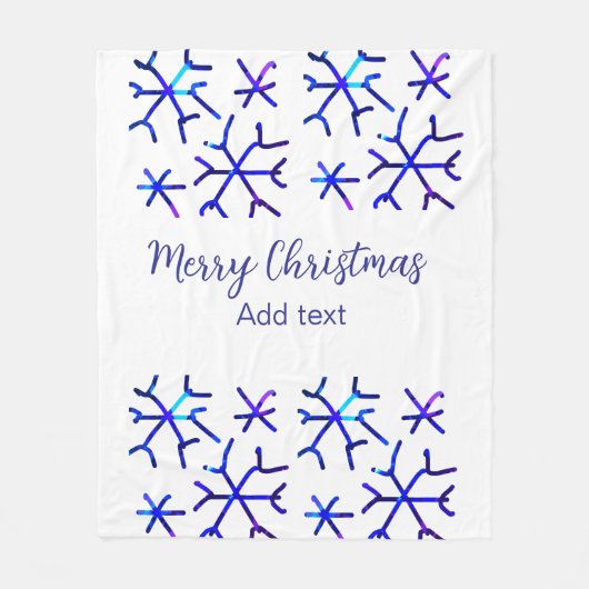 青い金属光沢の雪の結晶クリスマスパターンf フリースブランケット (正面)