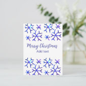 青い金属光沢の雪の結晶クリスマスパターンf ポストカード (スタンド正面)