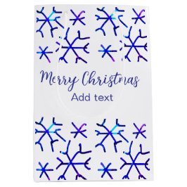 青い金属光沢の雪の結晶クリスマスパターンf ミディアムペーパーバッグ