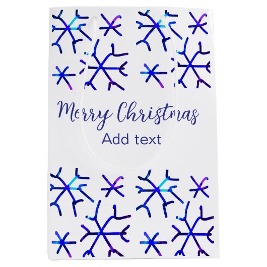 青い金属光沢の雪の結晶クリスマスパターンf ミディアムペーパーバッグ (正面)