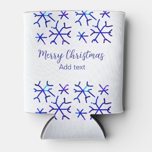 青い金属光沢の雪の結晶クリスマスパターンf 缶クーラー (正面)