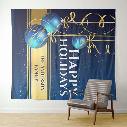 青い金色のボール きれいなリボン クリスマスの挨拶 タペストリー (インサイチュ(横))