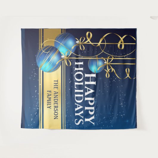 青い金色のボール きれいなリボン クリスマスの挨拶 タペストリー (正面(横))