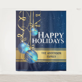 青い金色のボール　きれいなリボン　クリスマスの挨拶 タペストリー