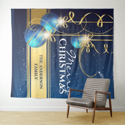 青い金色のボール サンタのスレート引くトナカイ クリスマスの願い タペストリー (インサイチュ(横))