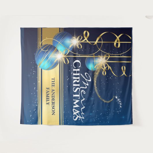 青い金色のボール サンタのスレート引くトナカイ クリスマスの願い タペストリー (正面(横))