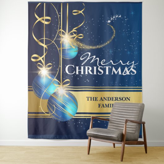青い金色のボール サンタのスレート引くトナカイ クリスマスの願い タペストリー (インサイチュ)