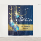 青い金色のボール サンタのスレート引くトナカイ クリスマスの願い タペストリー (正面)