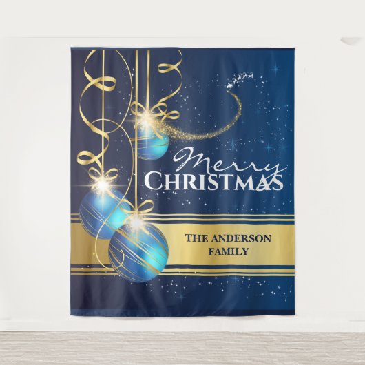 青い金色のボール サンタのスレート引くトナカイ クリスマスの願い タペストリー (正面)