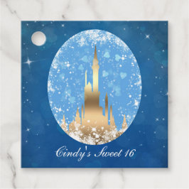 青い金色の妖精の城のスパークル ブライダルシャワー フェイバータグ