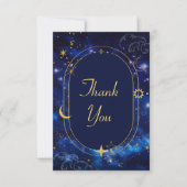 青い金色の月神秘的な天体星空ウェディング サンキューカード (正面)