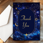 青い金色の月神秘的な天体星空ウェディング サンキューカード