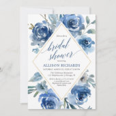 青い金色の芍薬の水彩画エレガントなブライダルシャワー 招待状 (正面)