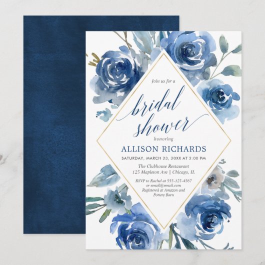 青い金色の芍薬の水彩画エレガントなブライダルシャワー 招待状 (正面/裏面)