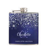 青い銀のモノグラム名前のスクリプト輝きスパークル フラスク (正面)