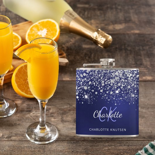 青い銀のモノグラム名前のスクリプト輝きスパークル フラスク