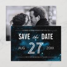 青い銀河の写真を使った結婚式の招待状（Save the Dateカード）