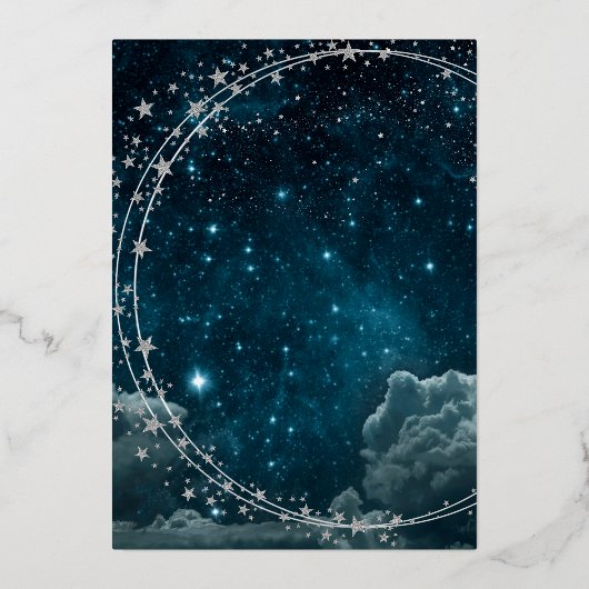 青い銀河系スカイウェディング日付を保存 箔招待状 (裏面)