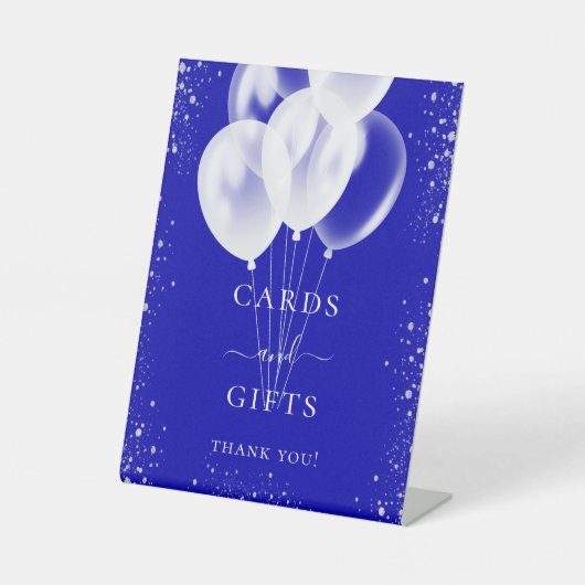 青い銀王室の色の白い気球カードのギフト 台座サイン (正面)