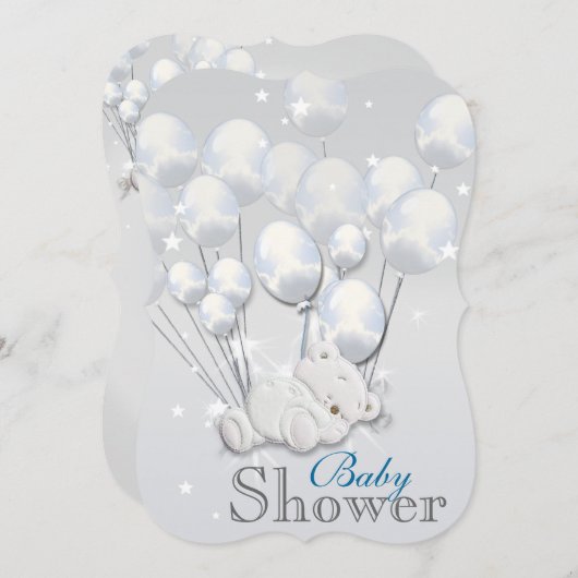 青い銀色のベビーシャワーボーイ 招待状 (正面/裏面)