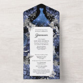 青い銀色の蝶のきらめくガウン誕生日  オールインワン招待状 (内側)