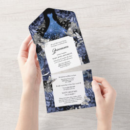 青い銀色の蝶のきらめくガウン誕生日  オールインワン招待状