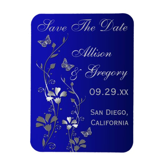 青い銀色の蝶のフローラ救デート磁石 マグネット (縦)