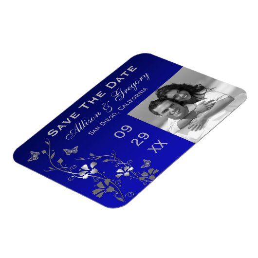 青い銀色の蝶のフローラ救デート磁石 マグネット (左側)