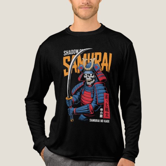 青い鎧の影のサムライ骸骨戦士 トライブレンドTシャツ (正面)