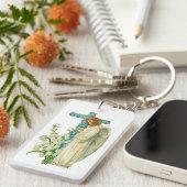 青い開花したキリスト教の十字 キーホルダー (正面右)