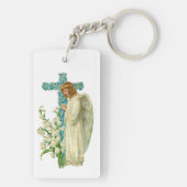 青い開花したキリスト教の十字 キーホルダー (裏面)