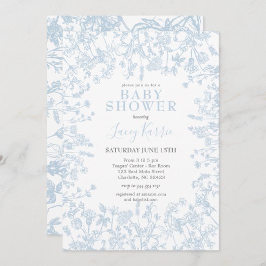 青い陳腐なフローラベビーシャワー招待状、 招待状 (正面/裏面)