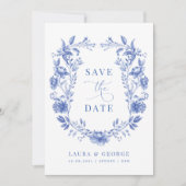 青い陳腐なフローラ磁器の日付を保存 招待状 (正面)