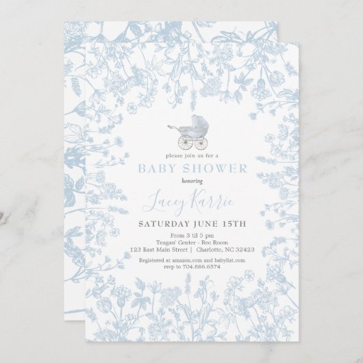 青い陳腐なフローラ赤ちゃんシャワー招待状、 招待状 (正面/裏面)