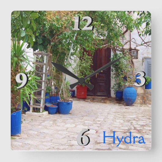 青い陶器 スクエア壁時計 (正面)