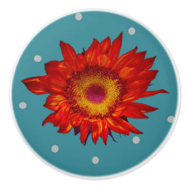 青い陶磁器の引きのノブの明るく赤いヒマワリ セラミックノブ