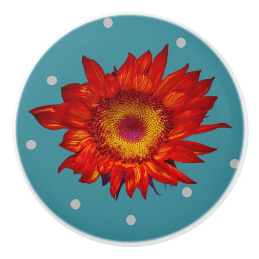 青い陶磁器の引きのノブの明るく赤いヒマワリ セラミックノブ (正面)