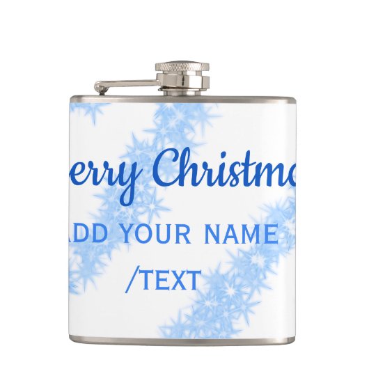 青い陽気なクリスマスの輝くグリッターラインに名前を追加 フラスク (正面)