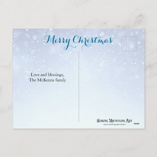 青い雪かわいらし片イエス・バイブル聖句クリスマス シーズンポストカード (裏面)