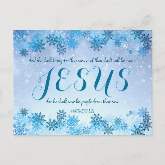 青い雪かわいらし片イエス・バイブル聖句クリスマス シーズンポストカード (正面)