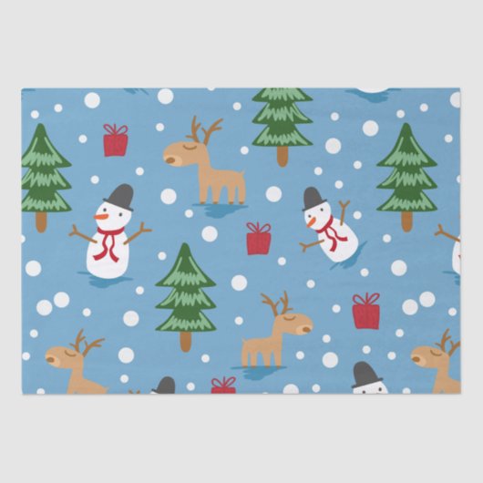 青い雪だるまと赤、黄色の贈り物 薄葉紙 (正面)