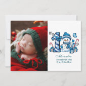 青い雪だるまフォト初めてのクリスマス シーズンカード (正面)