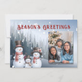 青い雪だるま家族の冬の写真 シーズンカード (正面)