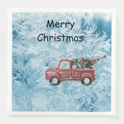 青い雪の上に赤いヴィンテージトラックの背景 (正面)