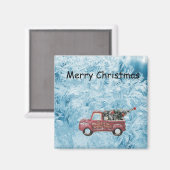 青い雪の上に赤いヴィンテージトラックの背景 マグネット (正面/裏面)