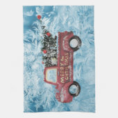青い雪の上の赤いヴィンテージトラック キッチンタオル (縦)