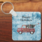 青い雪の上の赤いヴィンテージトラック キーホルダー (正面)